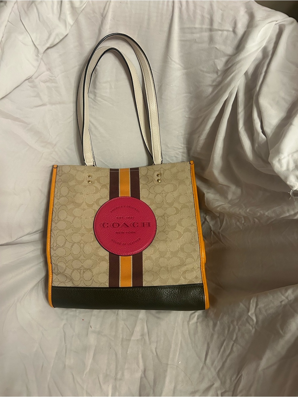 Coach Beige Signature Canvas Tote with Pink Logo Patch and Yellow Trim